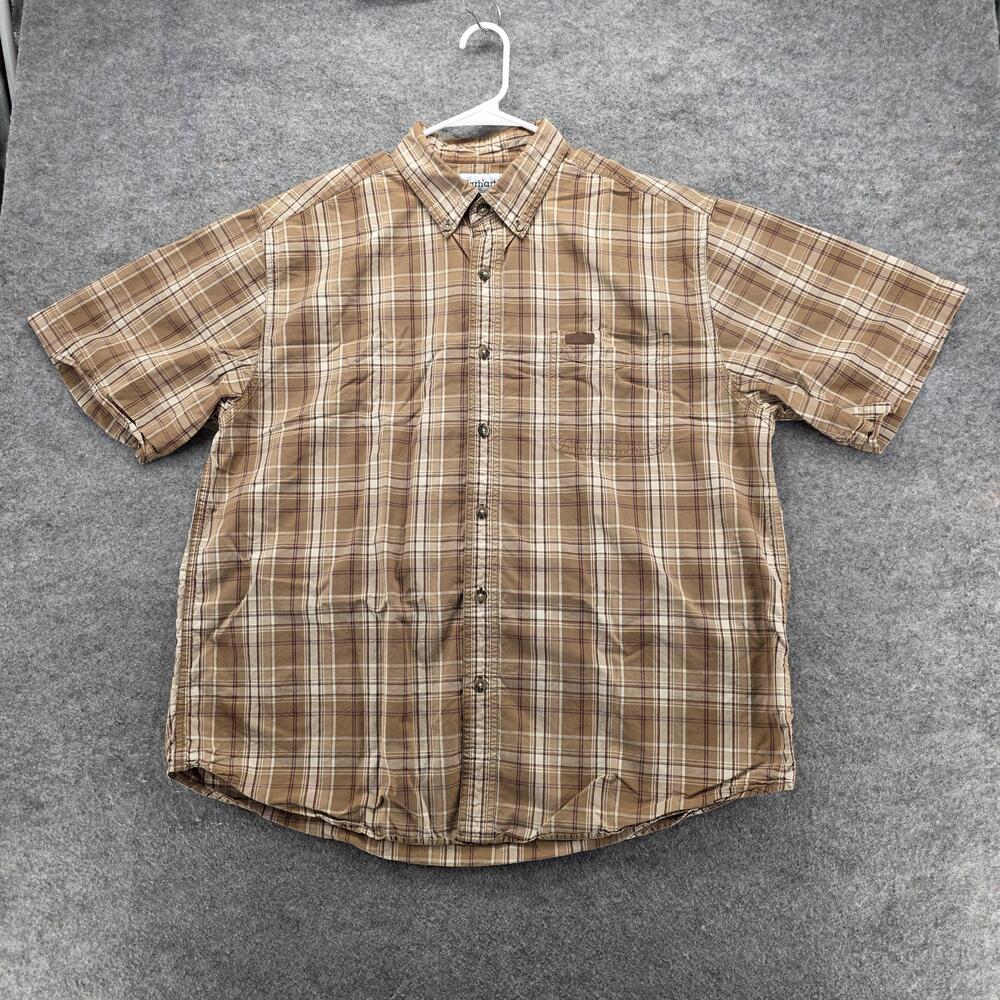 Carhartt Shirt Mens XL Brown Plaid Button Down Short Sleeve Outdoor Workwear